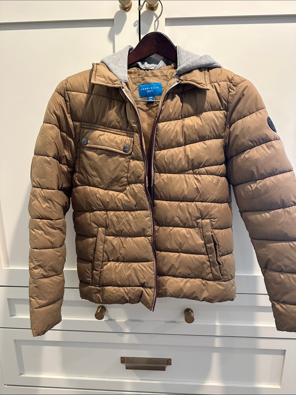 Perry Ellis Brown Quilted Puffer Jacket with Grey Hood